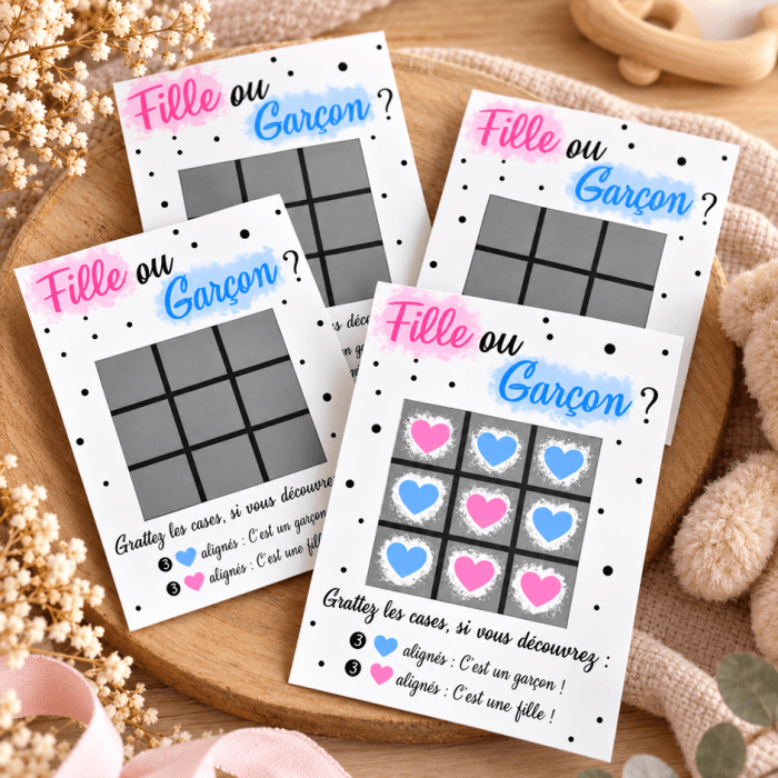 Lot de 4 cartes à gratter morpion fille – Annonce originale du sexe de bébé