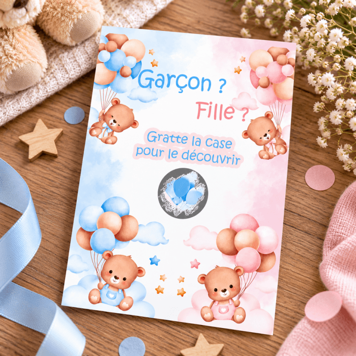Carte à gratter garçon – Oursons et ballons bleus révélation sexe bébé