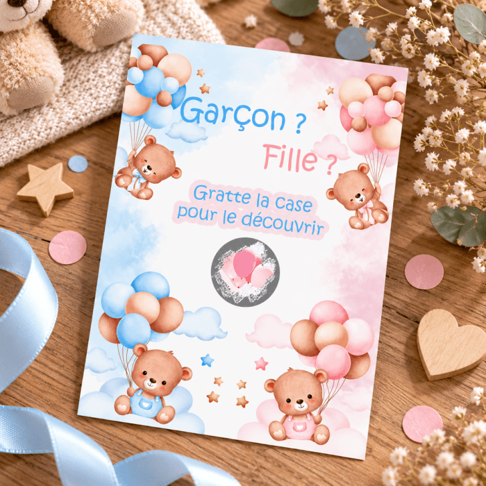 Carte à gratter fille – Oursons et ballons roses révélation sexe bébé