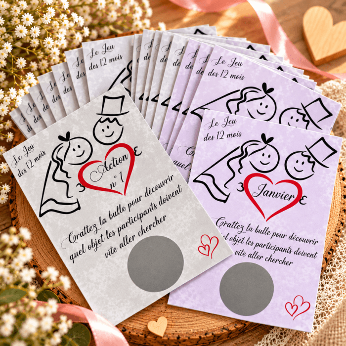 Jeu des 12 mois gris et violet – 24 cartes à gratter pour animation de mariage