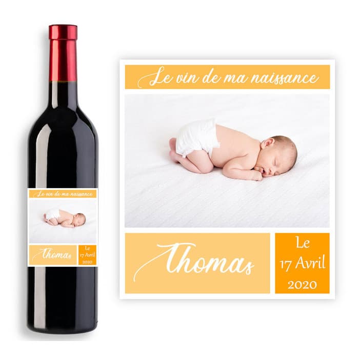 Étiquette pour bouteille de vin personnalisable avec photo - Modèle naissance