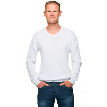 Pull coton homme col V blanc mercerisé