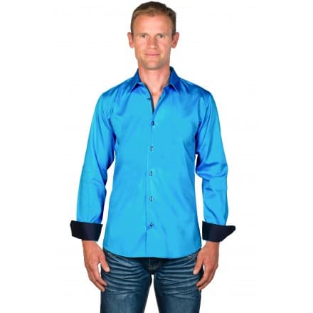 Chemise coton homme ajustée col italien bleu turquoise Ethan