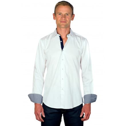 Chemise coton homme ajustée col italien blanche & marine