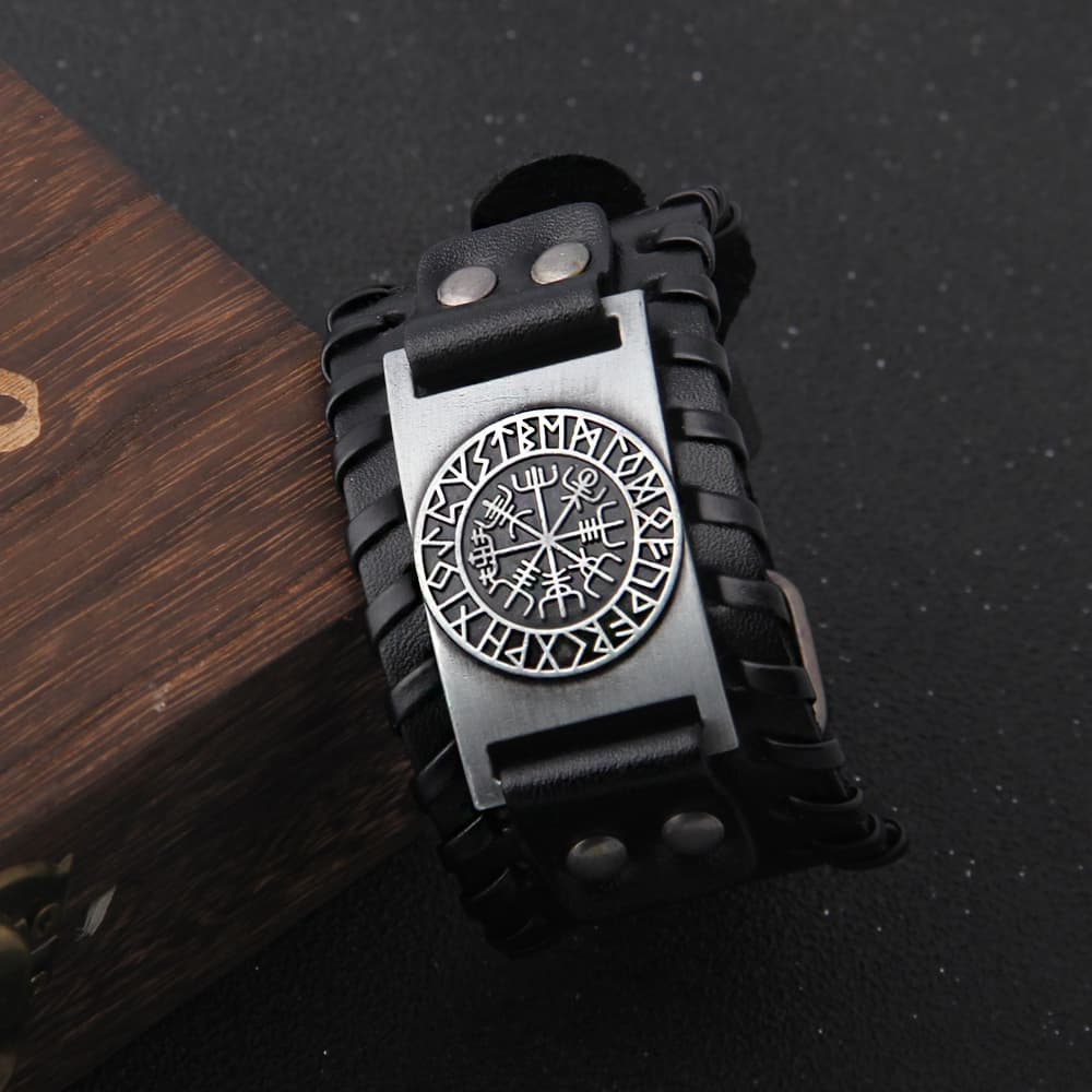 Bracelet Viking Valknut en cuir noir