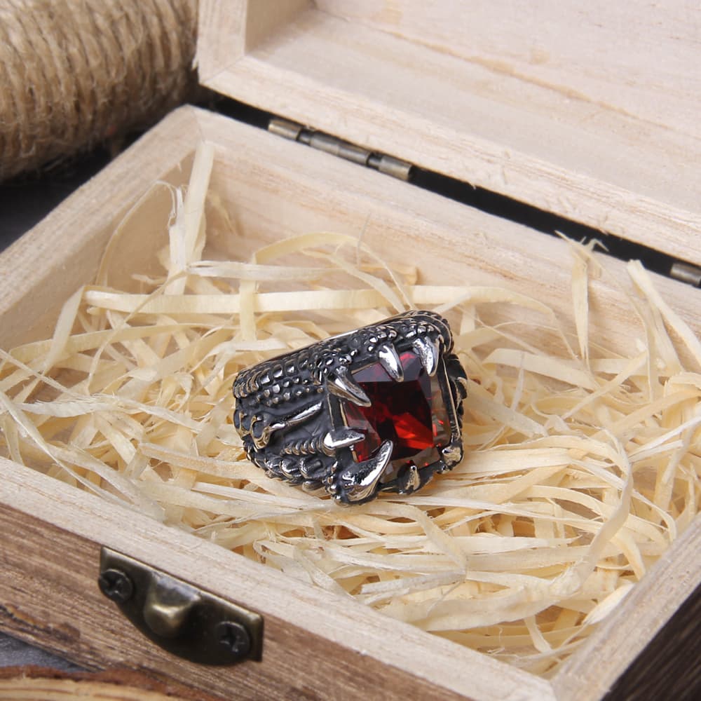Bague viking griffe de dragon rouge - 10