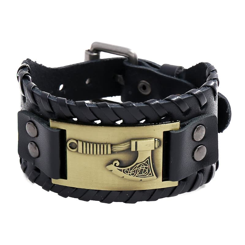Bracelet viking en cuir hache doré