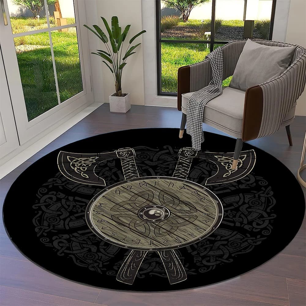 Tapis viking rond bouclier et haches - 150cm