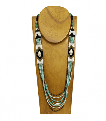 COLLIER TISSE  PIERRES  ET ARGENT -TROIS ANCIENNES PERLES BALINAISES EN ARGENT