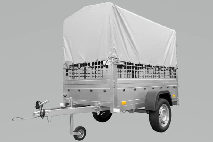 Grande rimorchio ribaltabile UNITRAILER Garden Trailer 230 KIPP con telo alto grigio, sponde a rete e ruota jockey – 230 x 125 cm – PTT fino a 750 kg