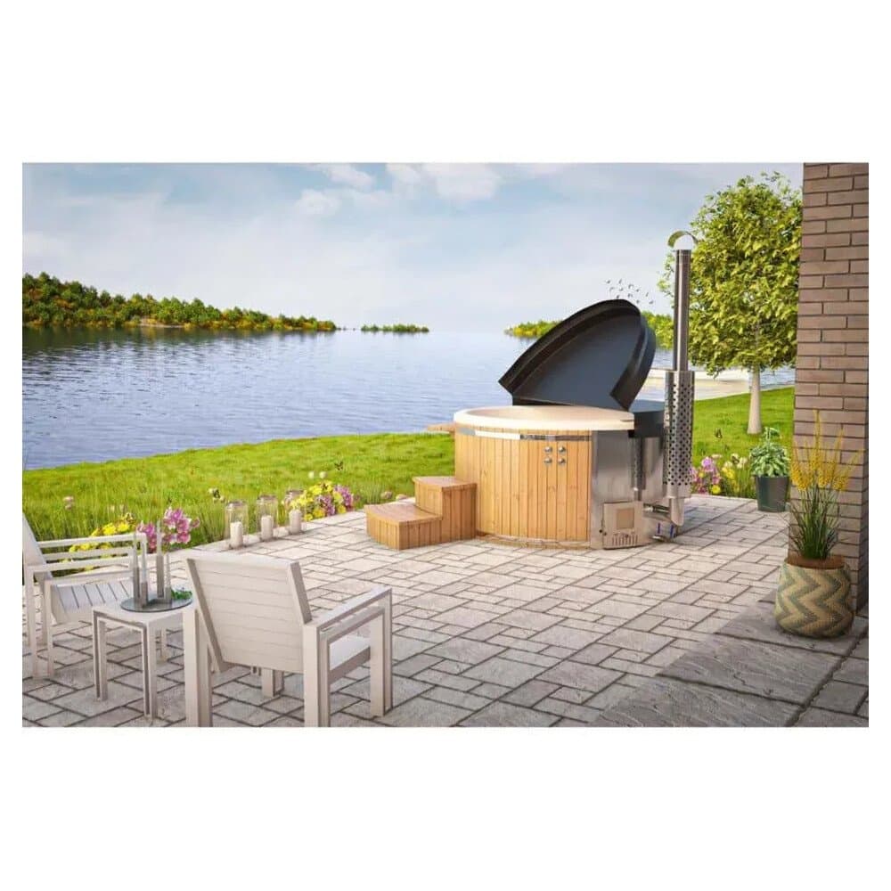 Finntherm Badefass Stockholm Thermoholz Whirlpool Ø 200 cm VA-Ofen 30 kW Grau