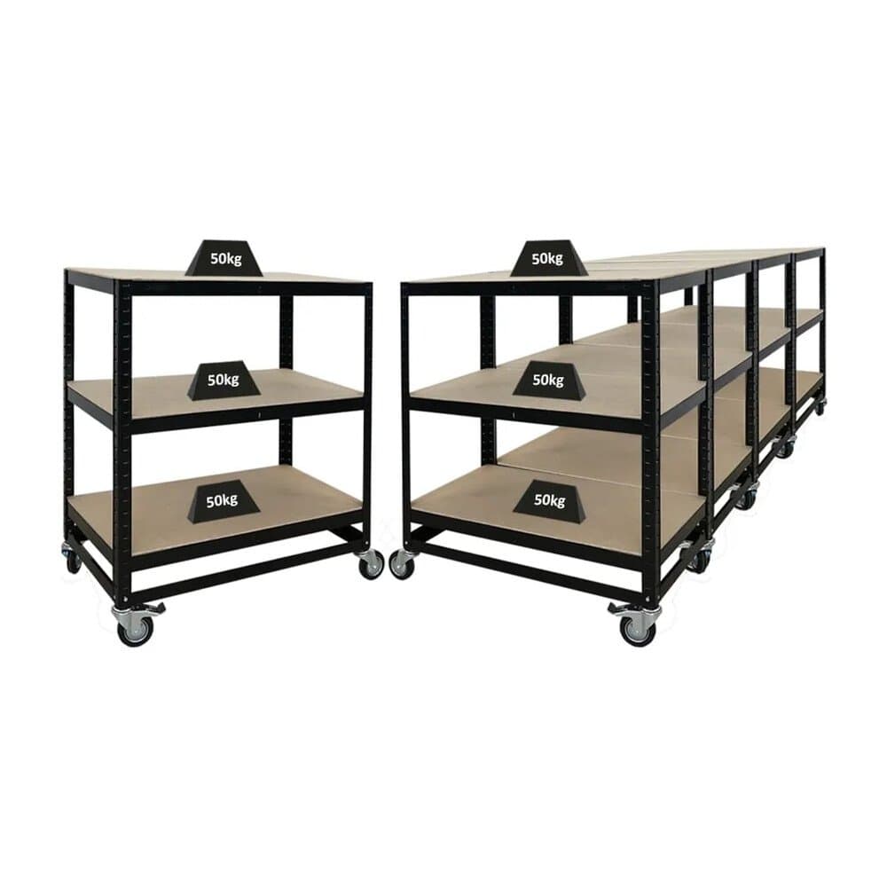 PROREGAL Mega 5x Kommissionierwagen BÜFFEL Fahrbares Kommissionierregal 100x90x50cm 3 Ebenen Fachlast 50kg 2x Mit Feststellbremse Schwarz
