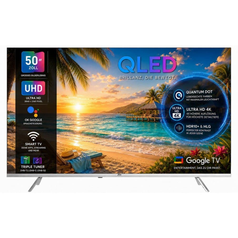 JTC-24 JTCSQ50U39505G QLED-Fernseher (126 cm/50 Zoll, 4K Ultra HD, Smart-TV, Google TV, Dolby Vision, Bluetooth, Triple Tuner, Sprachsteuerung)