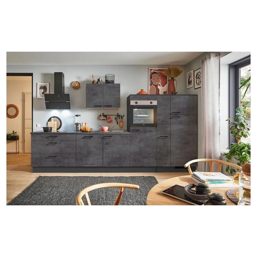 pino Küchenzeile 350cm Beton Grafitgrau Anschlag R 1 Geräte-, 1Apothekerschrank