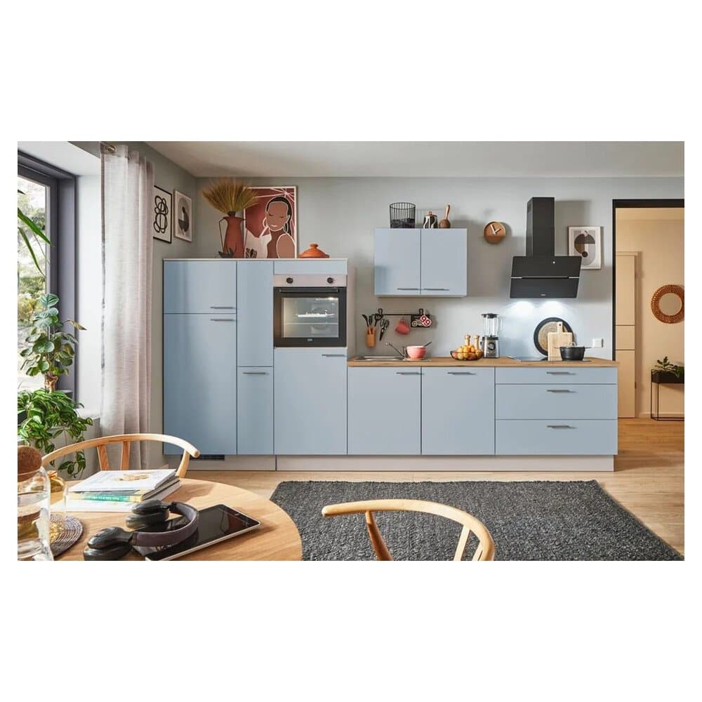 pino Küchenzeile 360 cm Pastellblau Anschlag links 1 Geräte-, 1 Apothekerschrank