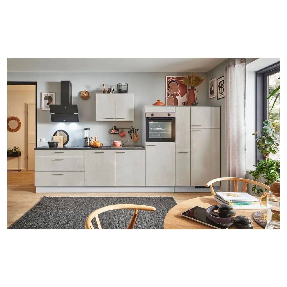pino Küchenzeile 370cm Beton Weißgrau Anschlag R 1 Geräte-, 1 Apothekerschrank