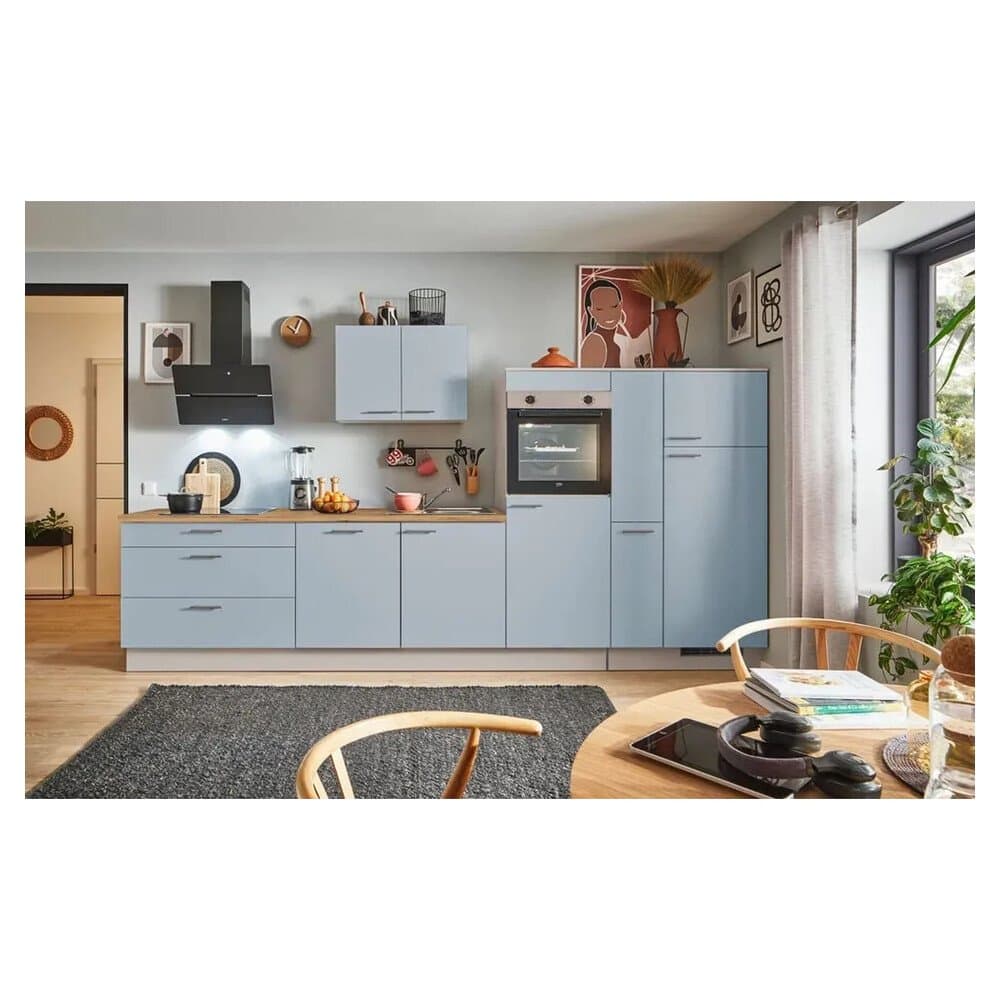 pino Küchenzeile 370cm Pastellblau Anschlag rechts 1 Geräte-, 1 Apothekerschrank