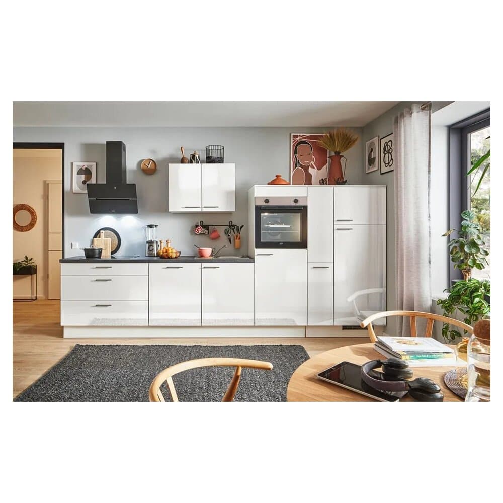 pino Küchenzeile 370cm Weiß Hochglanz Anschlag R 1 Geräte-, 1 Apothekerschrank