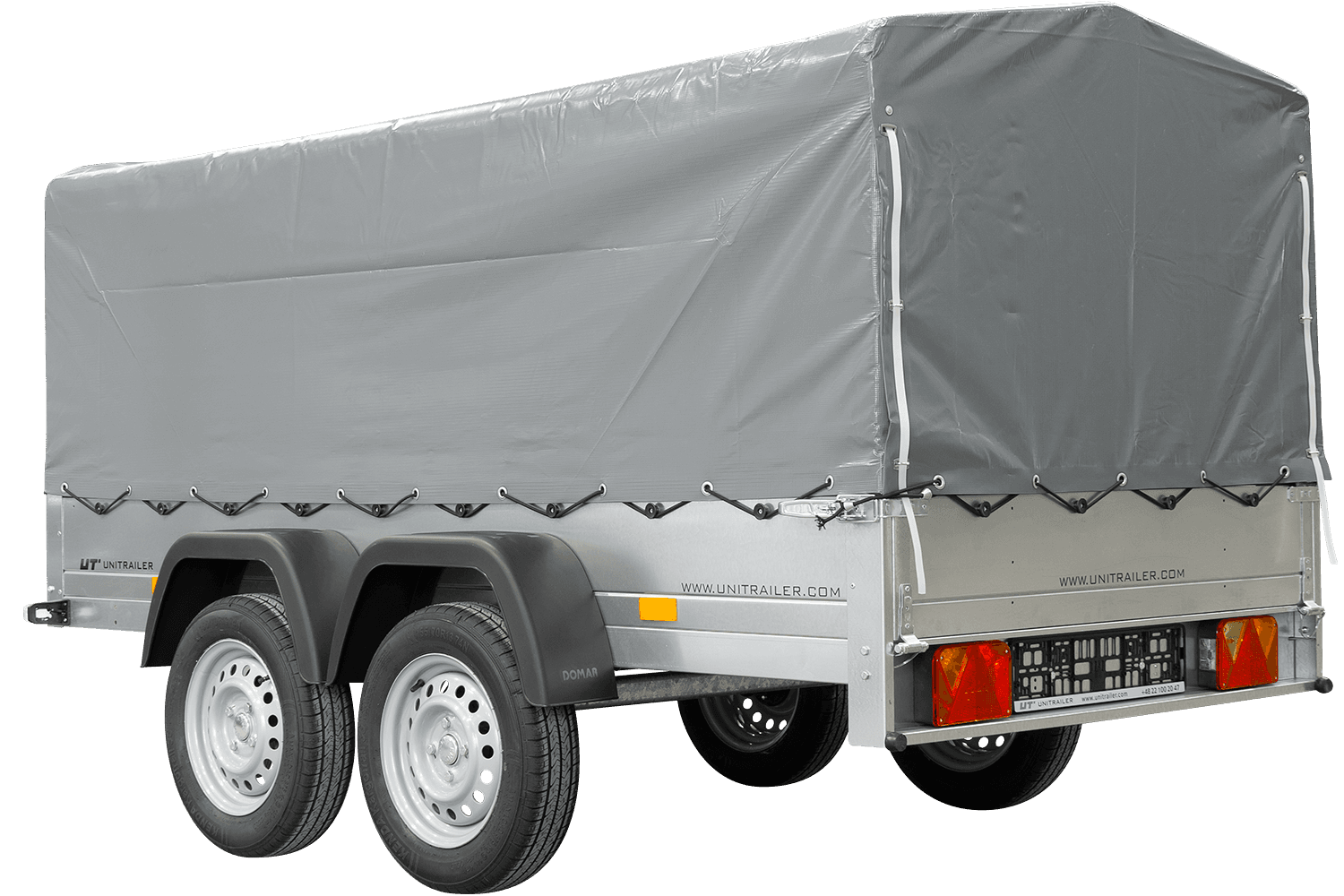 Unitrailer 264/2 Doppelachs-Kippanhänger mit Stützrad, Bügel und grauer Plane