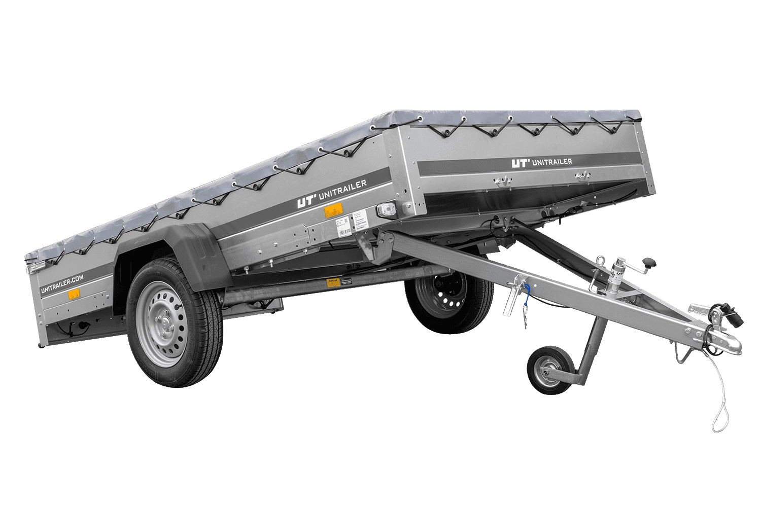 PKW Anhänger 264x150 UNITRAILER GARDEN 265 KIPP mit Flachplanenträger und grauer Plane