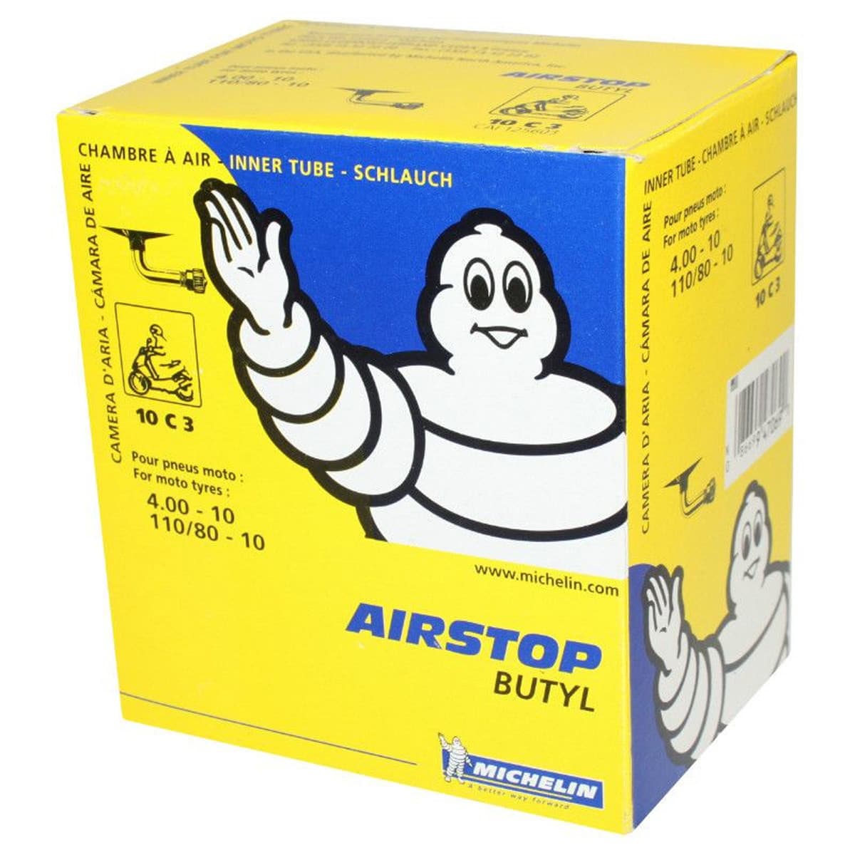 Michelin - Chambre À Air 10 Pouces 4.00x10 / 110/80-10 Michelin Valve Coudée 90 Degrés