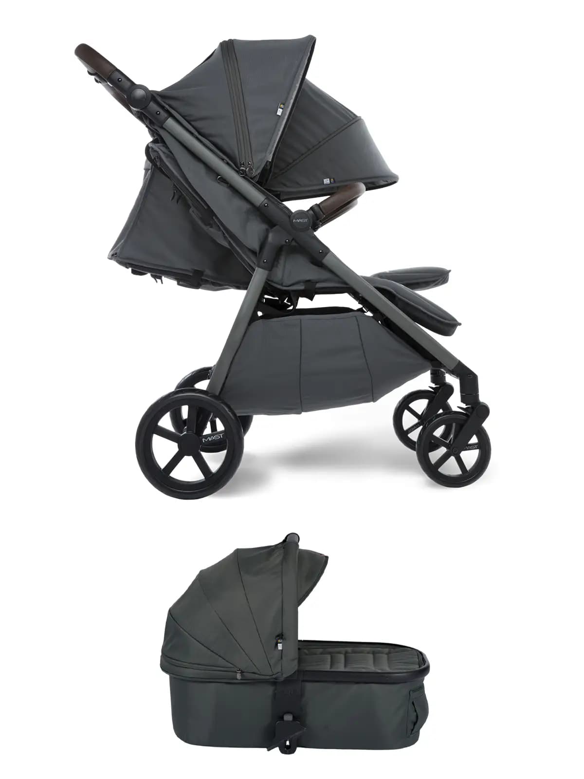 MAST Swiss Design Mast M.Twin x - Geschwisterwagen mit verstellbarem Schiebegriff und LW Wheels - Volcanic Ash