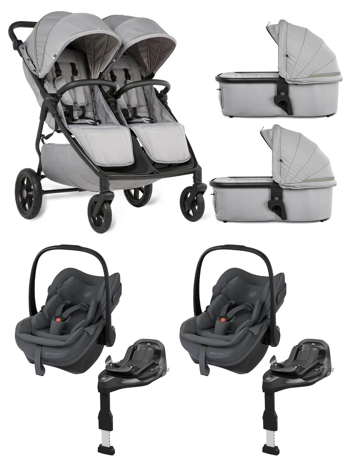 MAST Swiss Design Mast M.Twin x - Zwillingskinderwagen Set 4-in-1 mit HP Wheels mit Maxi-Cosi Pebble Slide Pro und FamilyFix Slide Pro - Koala