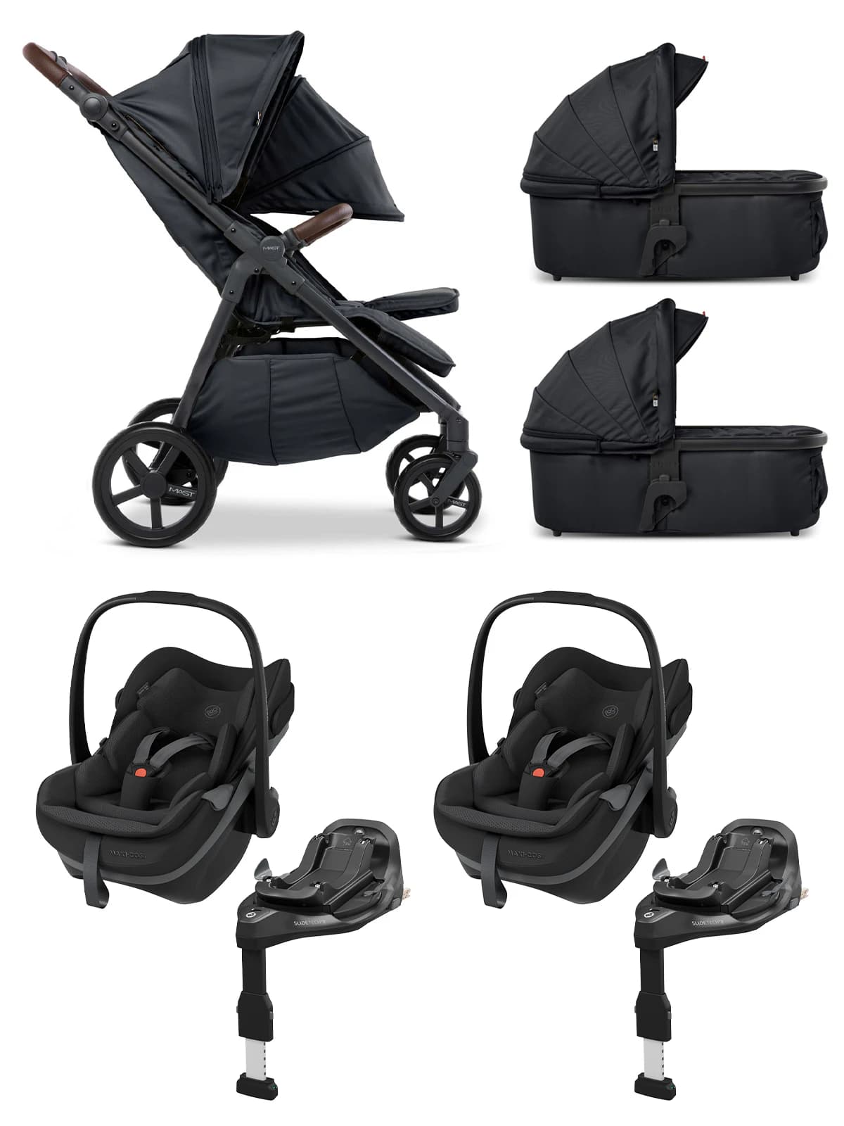 MAST Swiss Design Mast M.Twin x - Zwillingskinderwagen Set 4-in-1 mit LW Wheels mit Maxi-Cosi Pebble Slide Pro und FamilyFix Slide Pro - Dark Grey