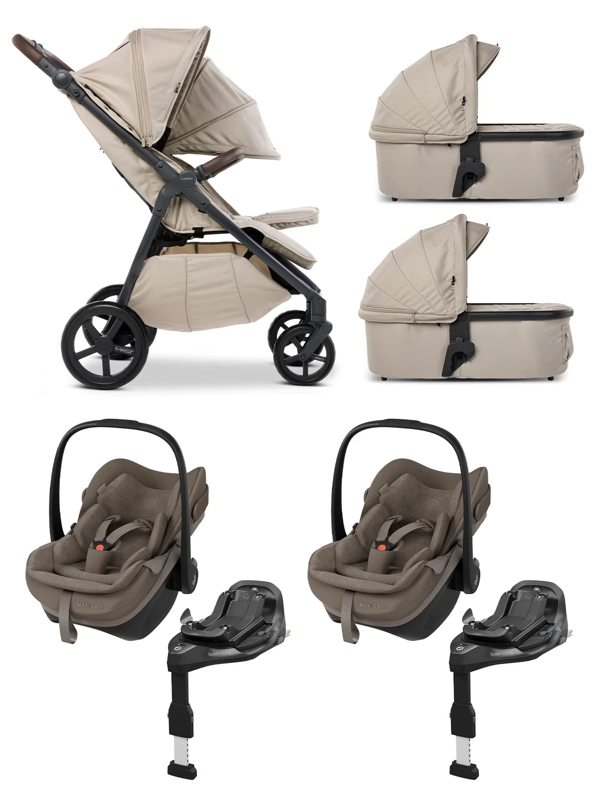 MAST Swiss Design Mast M.Twin x - Zwillingskinderwagen Set 4-in-1 mit LW Wheels mit Maxi-Cosi Pebble Slide Pro und FamilyFix Slide Pro - Lion