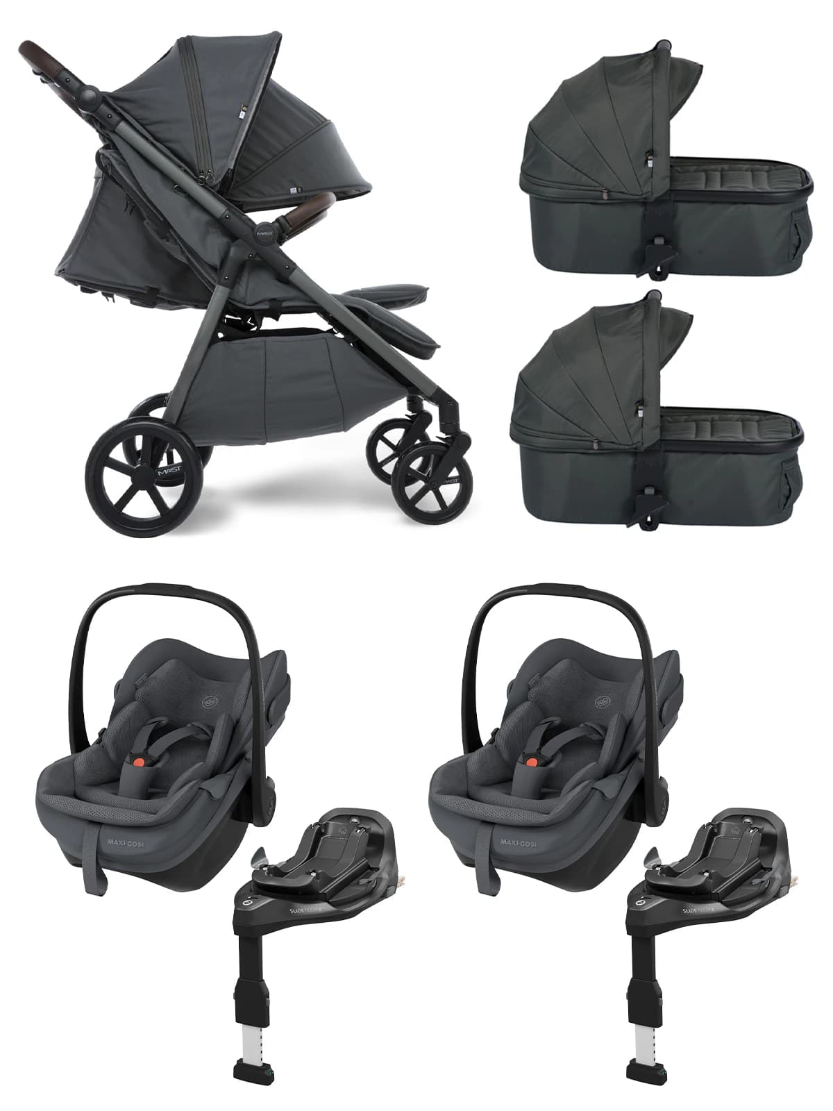 MAST Swiss Design Mast M.Twin x - Zwillingskinderwagen Set 4-in-1 mit LW Wheels mit Maxi-Cosi Pebble Slide Pro und FamilyFix Slide Pro - Volcanic Ash