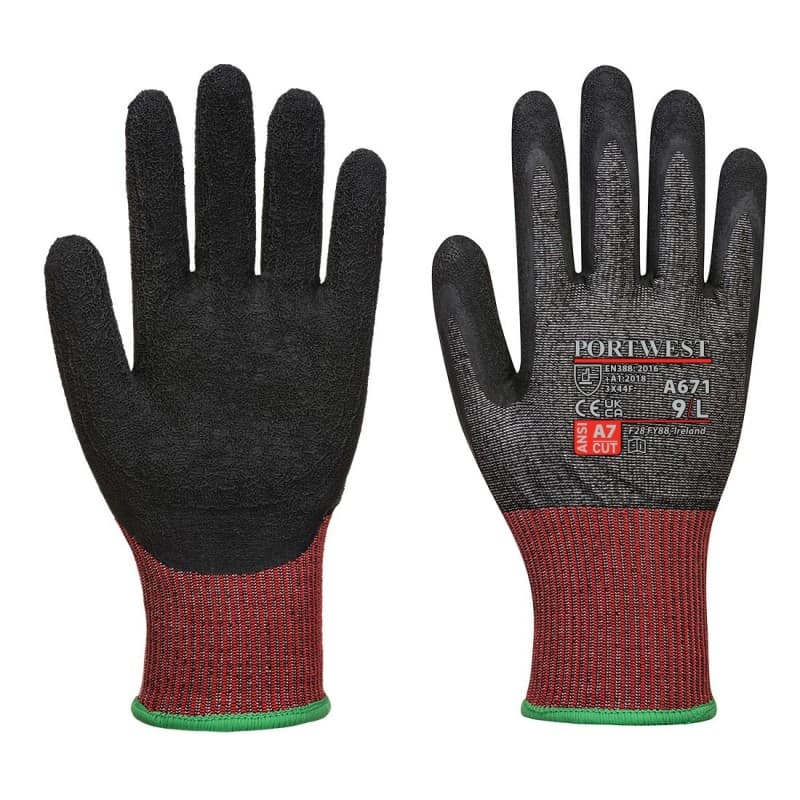 Portwest - Gants anti coupures CS de niveau F Jauge 13 en latex crinkle avec renfort pouce - 9 - Noir