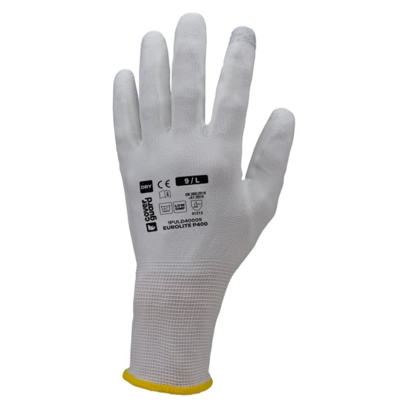 Coverguard - Gants de manutention en milieu sec paume enduite PU tactile EUROLITE P400 (Pack de 10) - 9 - Blanc