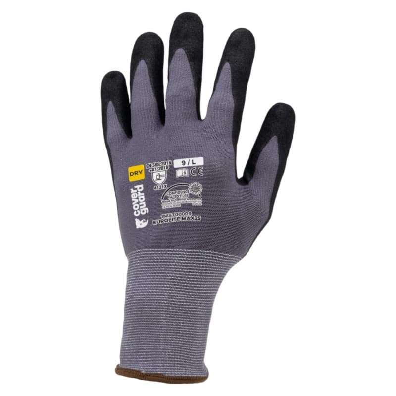 Coverguard - Gants grip en milieu sec paume enduite nitrile EUROLITE MAX25 (Pack de 10) - 8 - Gris / Vert