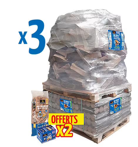 3 Packs découverte bois de chauffage bûches Woodstock 1 palette