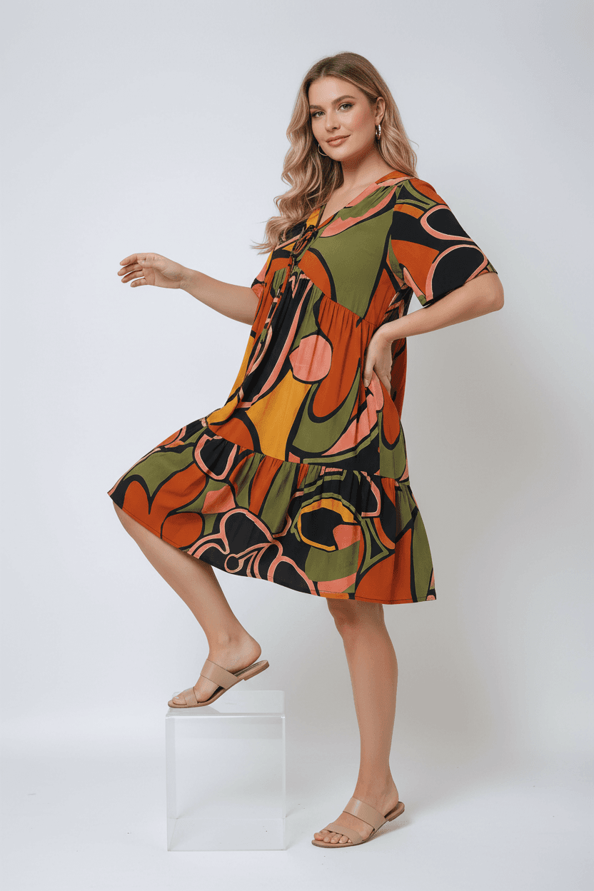 Robe mi-longue en fibranne imprimee