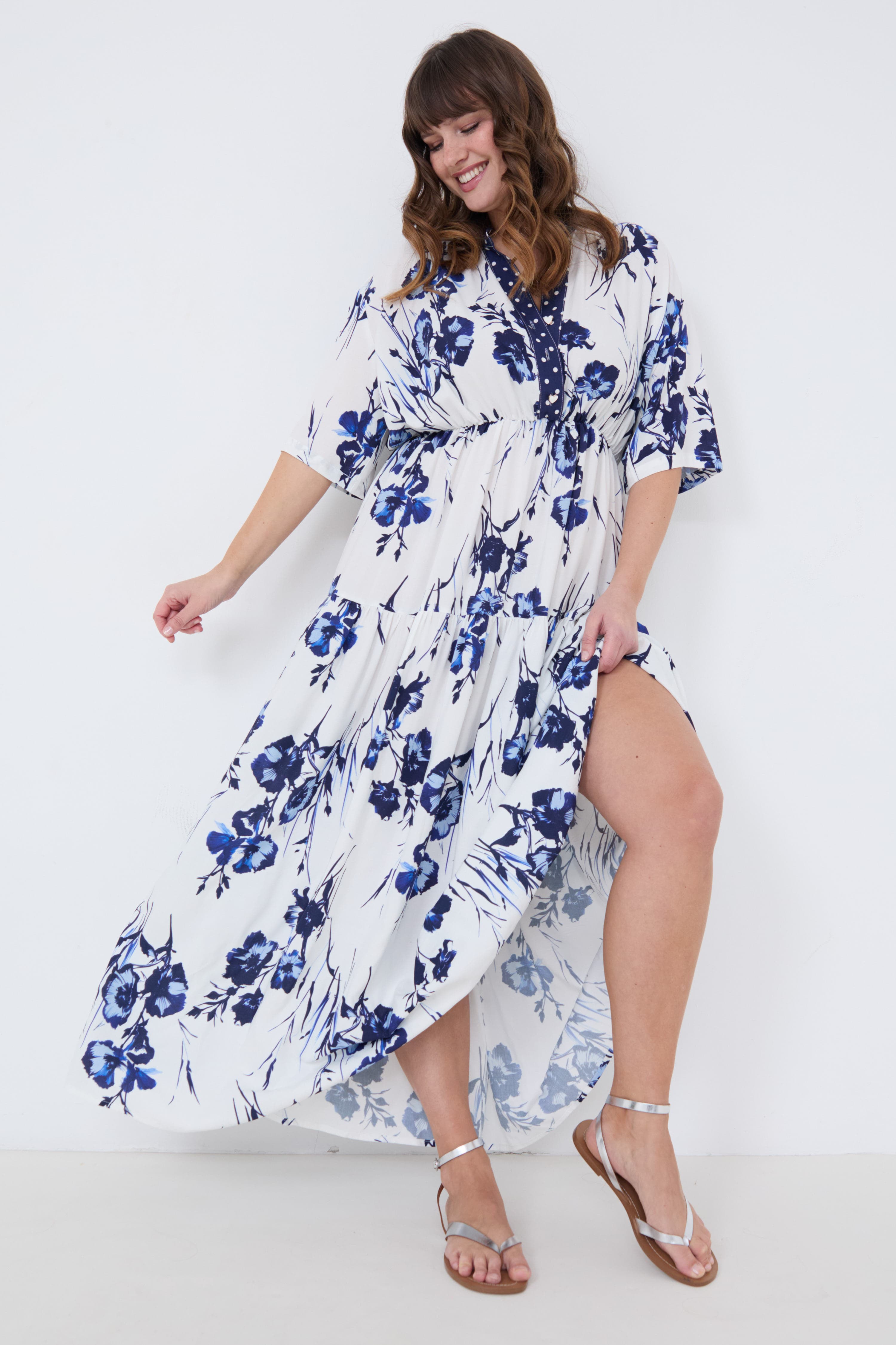 Robe longue de style boheme bimotif fleur et pois viscose ultra fluide