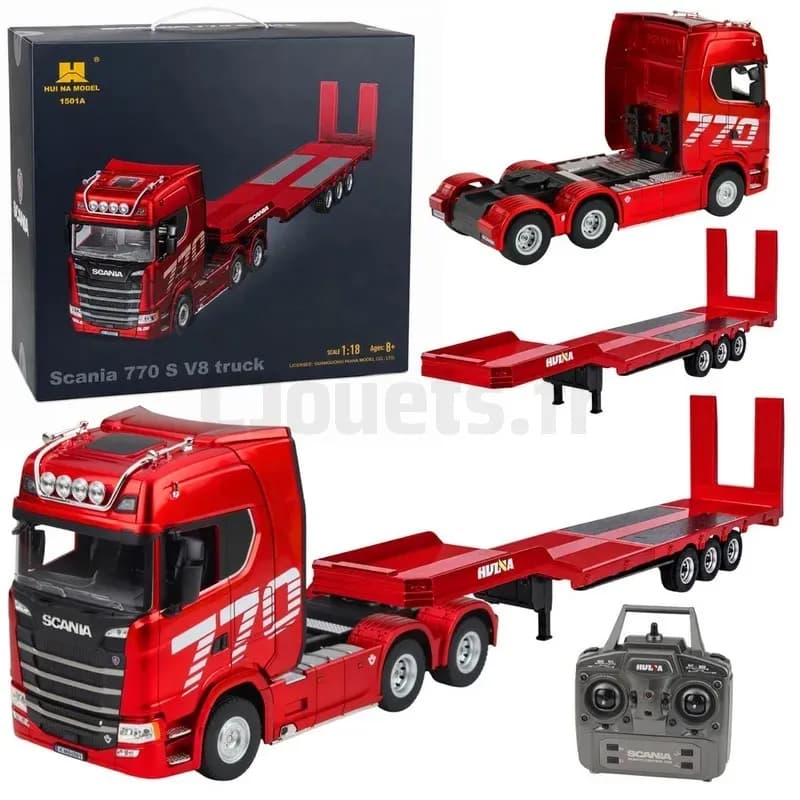 Ferngesteuerter Lkw mit AnhĂ€nger Scania Huina 1501 im MaĂstab 1:18 mit Sound- und Lichteffekten