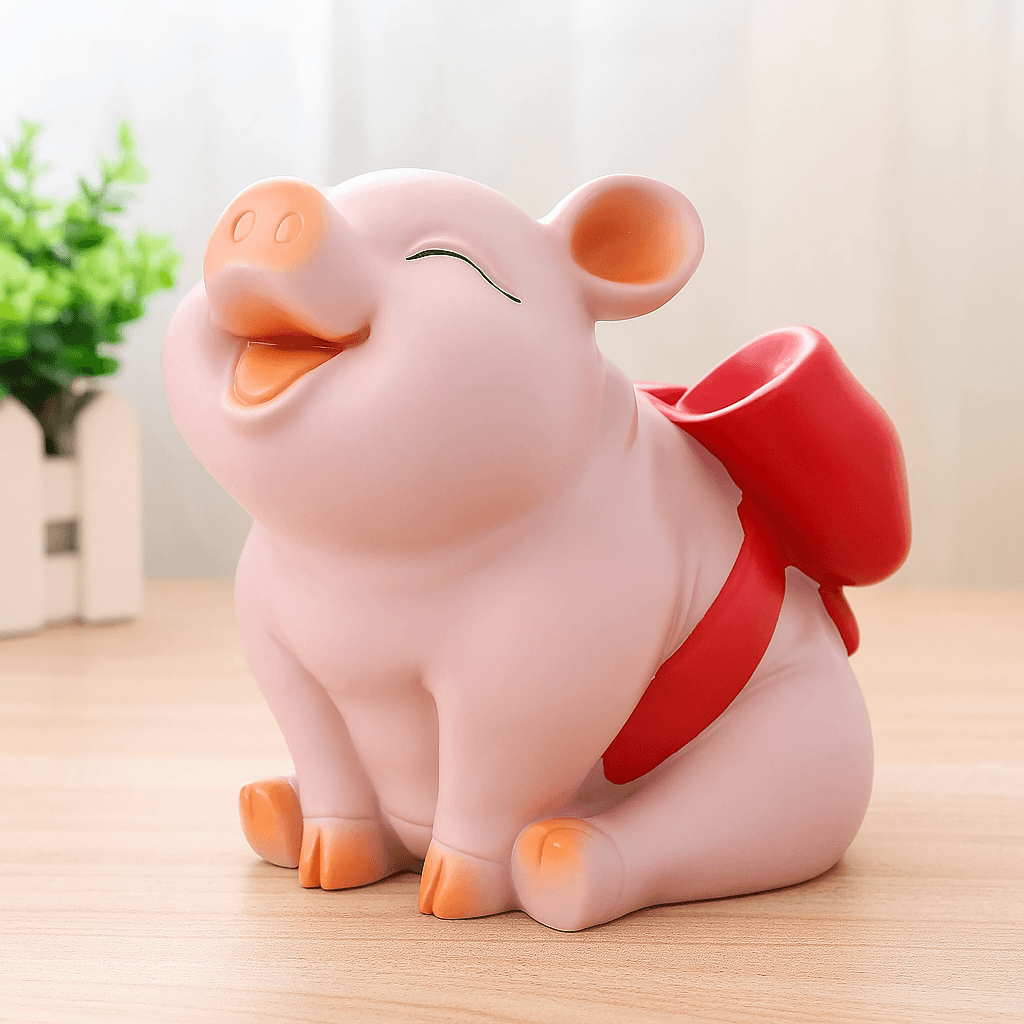 Tirelire cochon rose avec nœud rouge