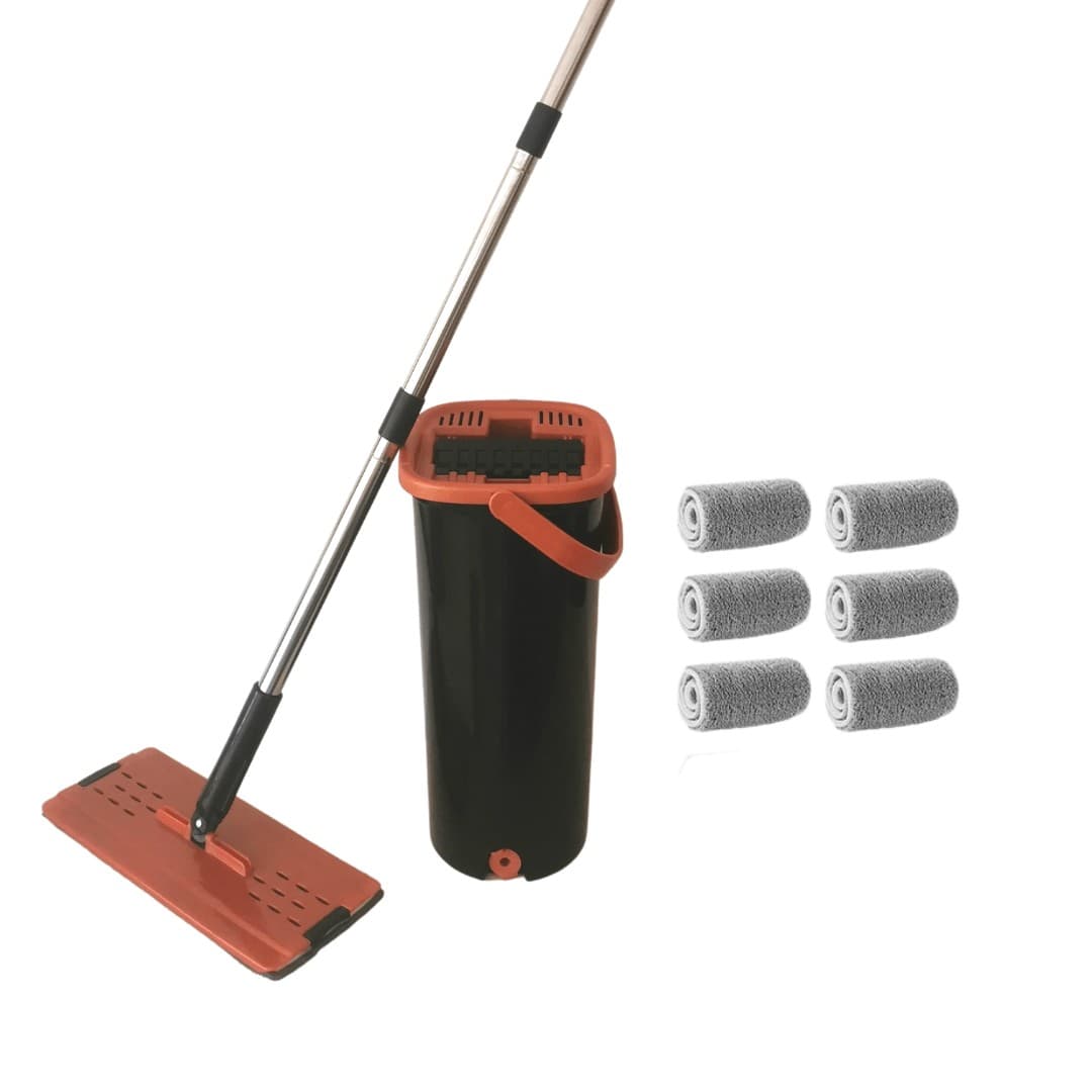 Kit basique complet Balai serpillère avec son seau essoreur + Pack de 6 microfibres - Tête plate et rotative à 360° - Nouveau balai révolutionnaire No