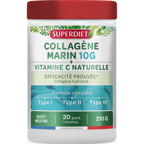 Collagène Marin 10g + Vitamine C naturelle poudre - Peau, Os, Articulations, cartilages & muscles - 210g - SUPERDIET