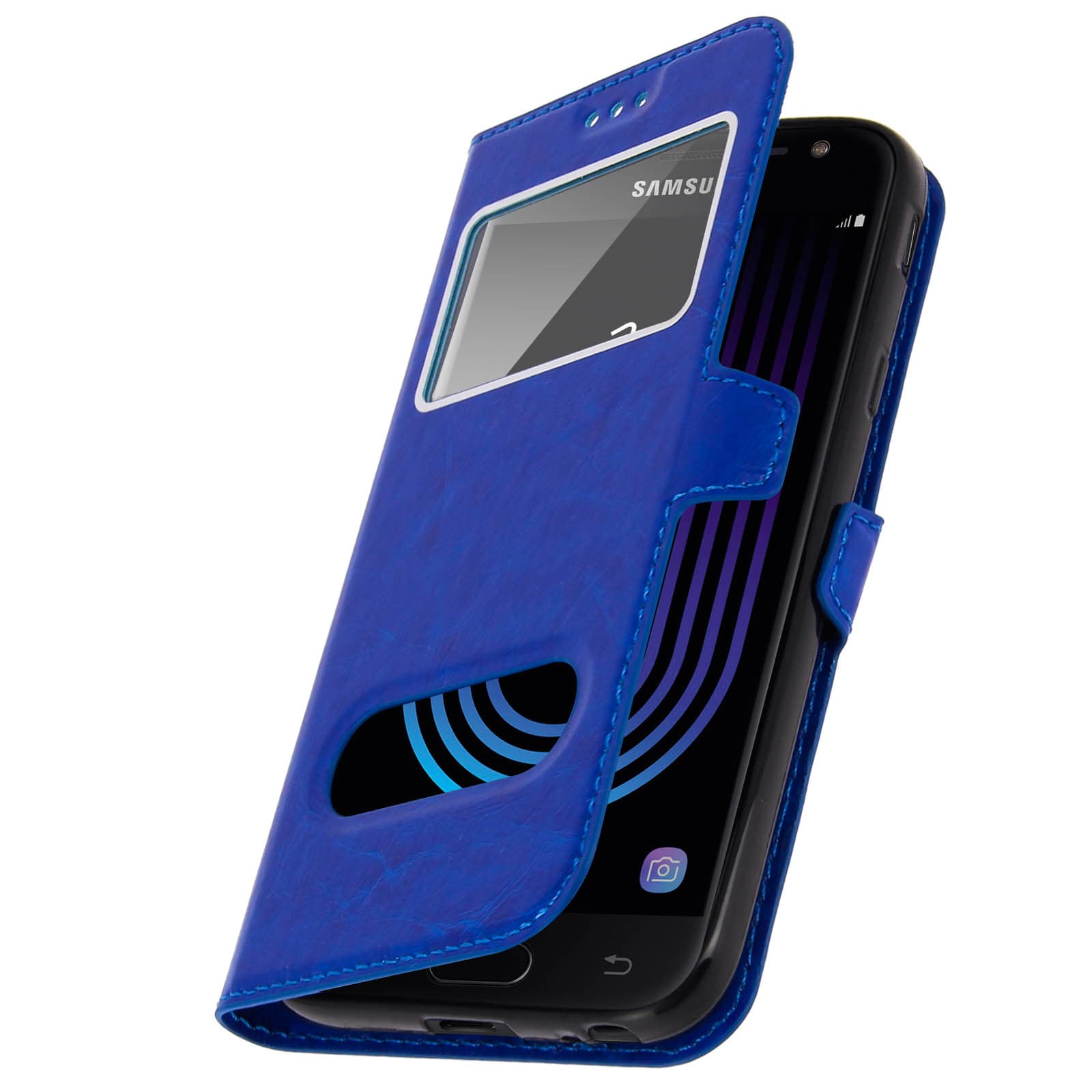 Étui Galaxy J3 2017 bleu double fenêtre