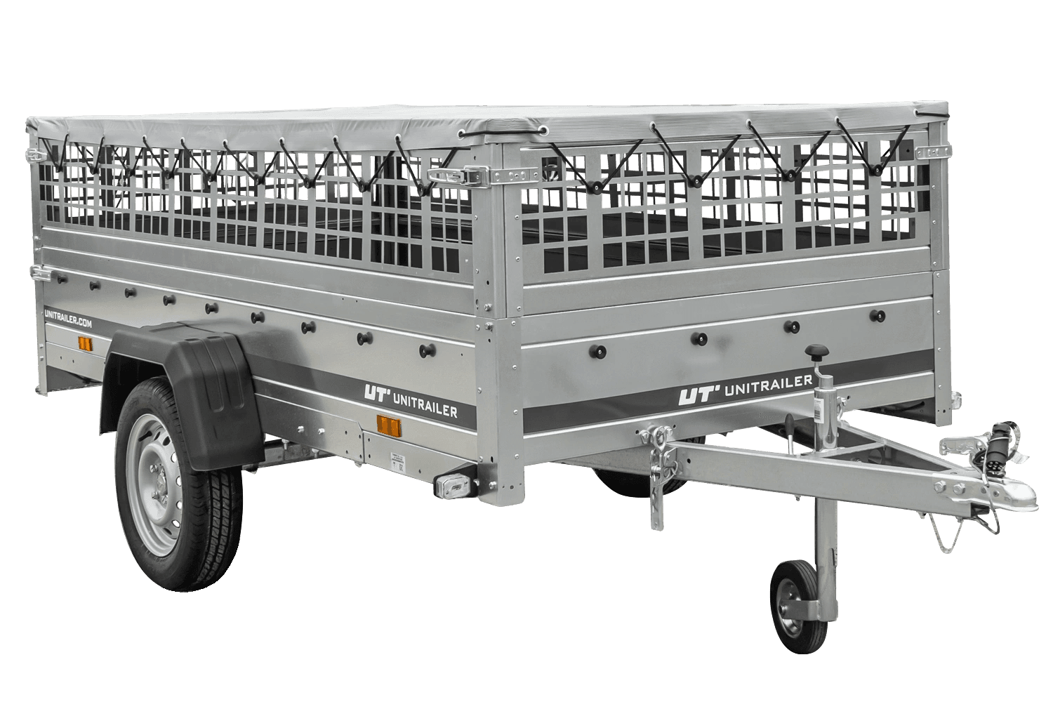 Anhänger auf Federn UNITRAILER Garden 264/R KIPP 264×125 Maschenseiten H-0 Fahrgestell graue Plane 750 kg