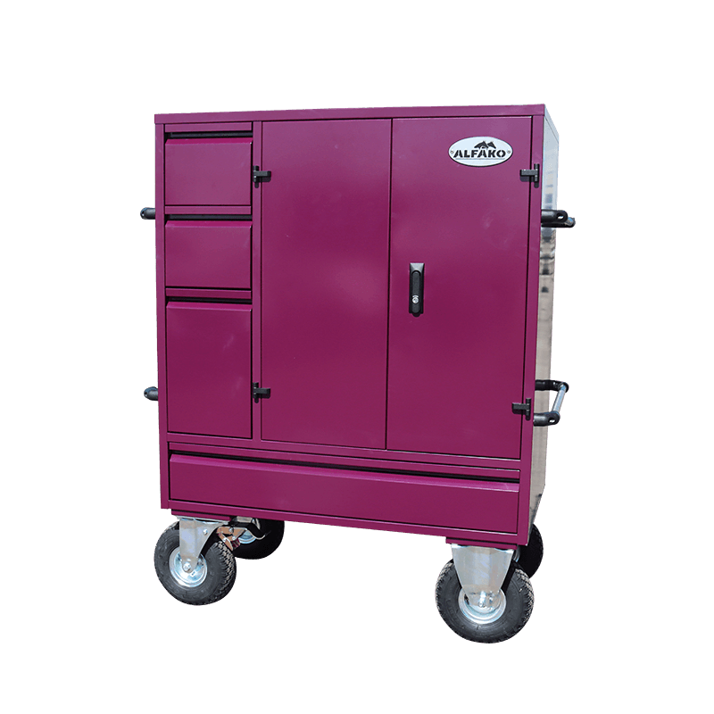 Midi Pourpre Wettkampfkoffer 137,5 x 100 x 60 cm, lackierter Stahl, 2 Hocker, 3 Schubladen