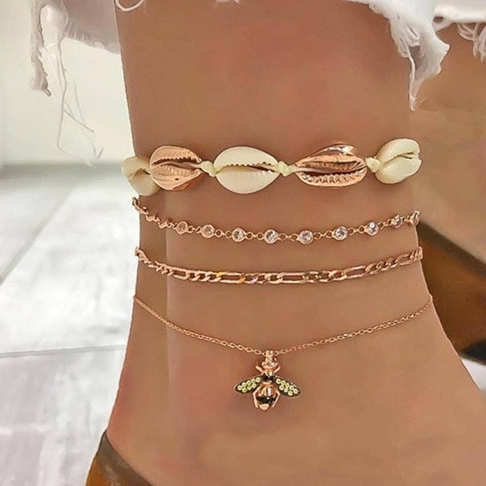 4pcs Boho Bee Shell Rhinestone Anklet Women Beach Food Chain Jewelry 5pcs