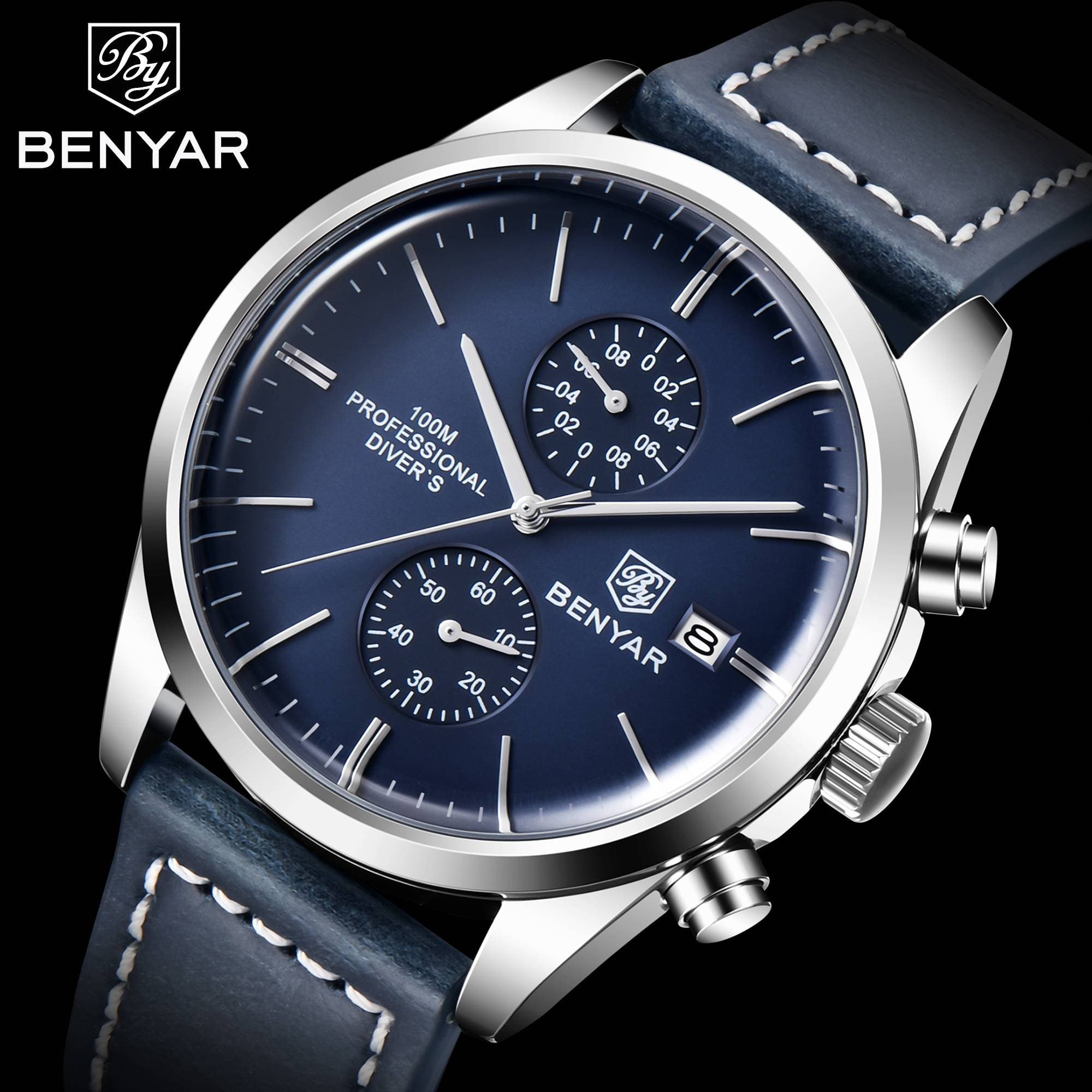 2022 New BENYAR Leather Quartz 100M Waterproof Watch for Men Silver Blue