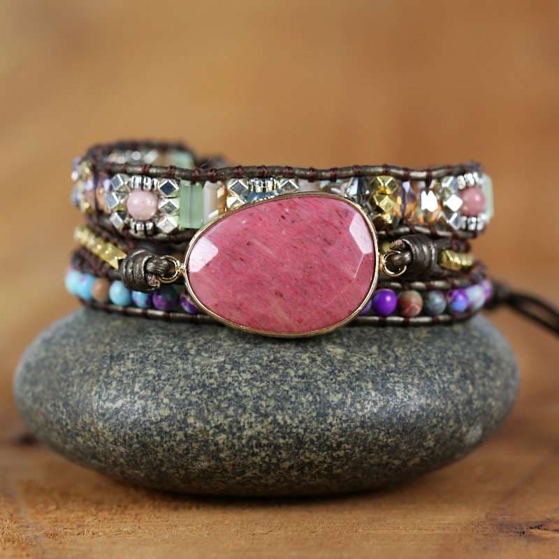 Leather & natural Stone Multi Color Bohemian Bracelet Brown leather