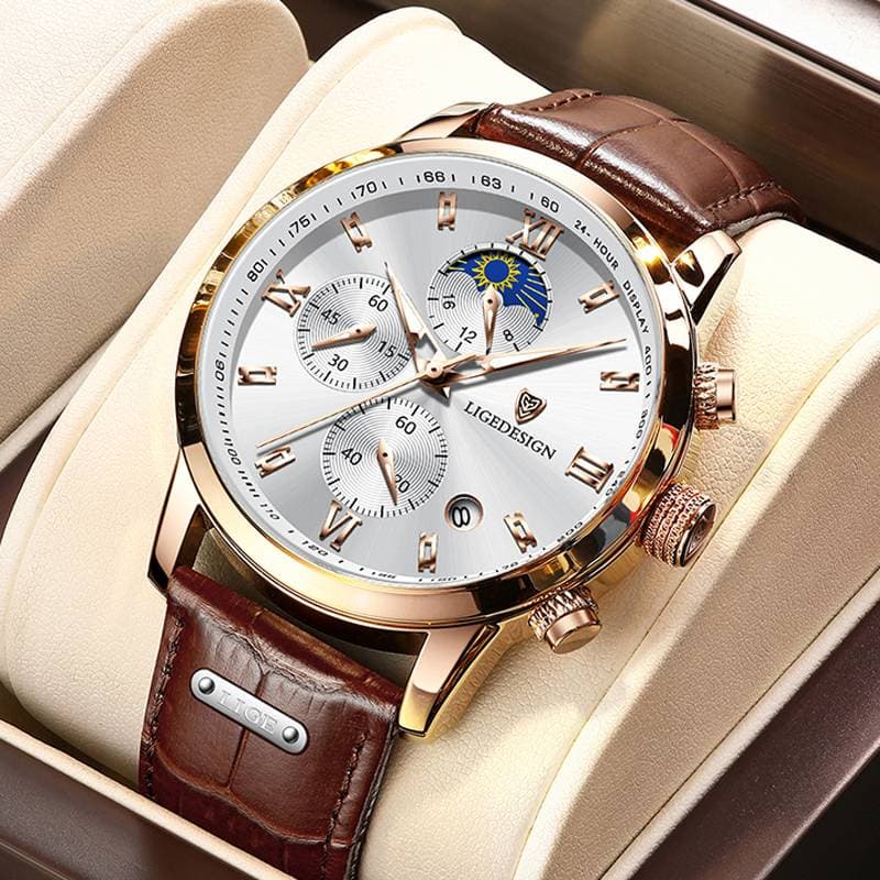 Luxury Leather Quartz Chronograph Watch for Men Gold white