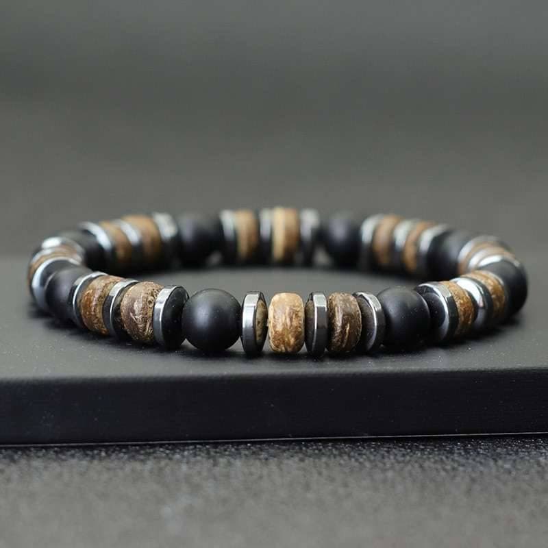 Natural Wooden Bracelet Black Hematite Stone Beaded Black Flash Stone