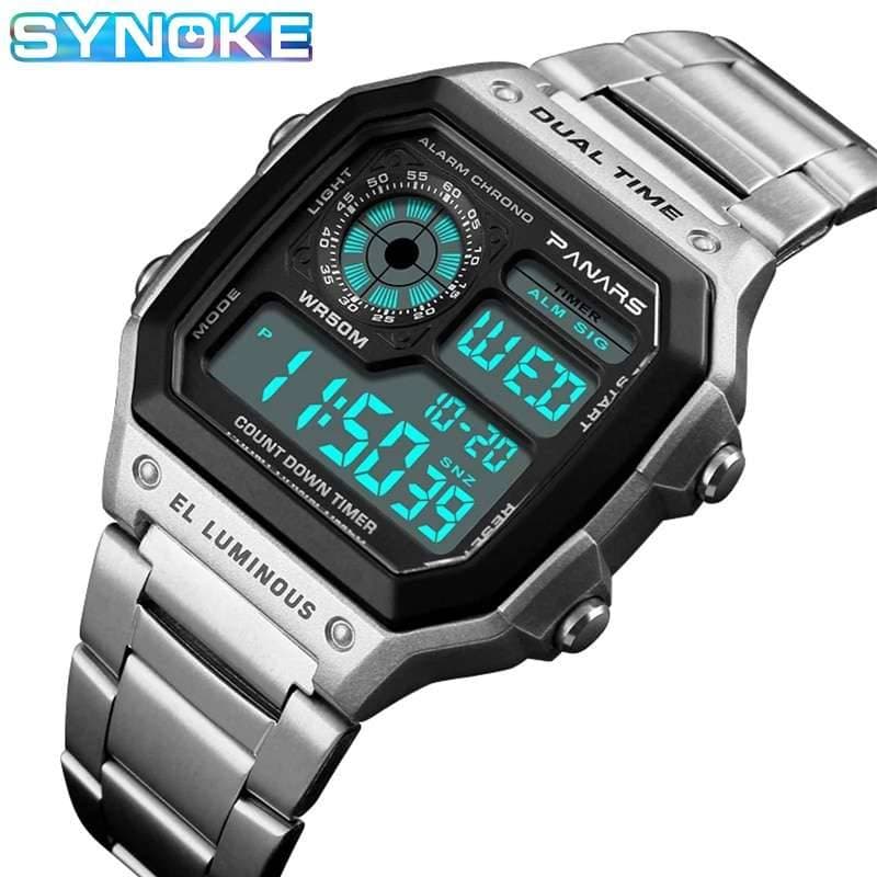 SYNOKE Men's Sports Watches Business Stainless Steel Digital Watch Men Military Wristwatch 5ATM Waterproof montre sport homme Silver watch