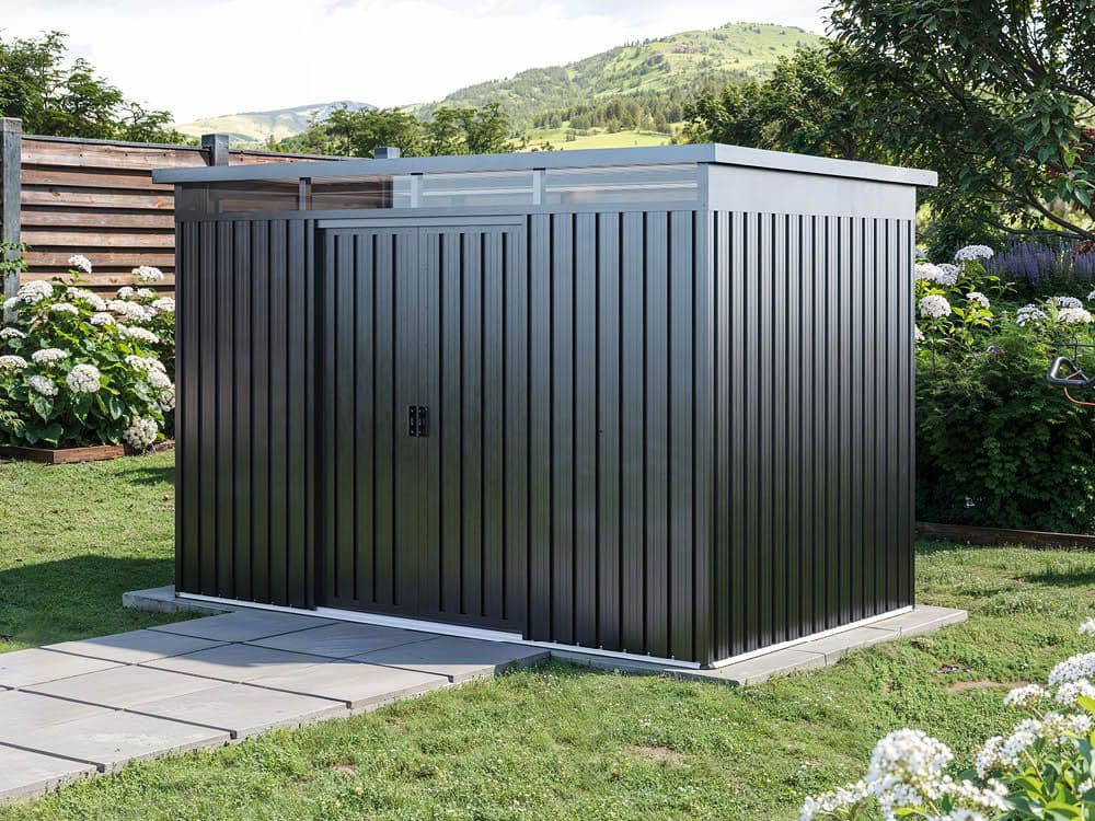 Metallschuppen fĂŒr den AuĂenbereich mit Holzoptik â Robust und wartungsfrei